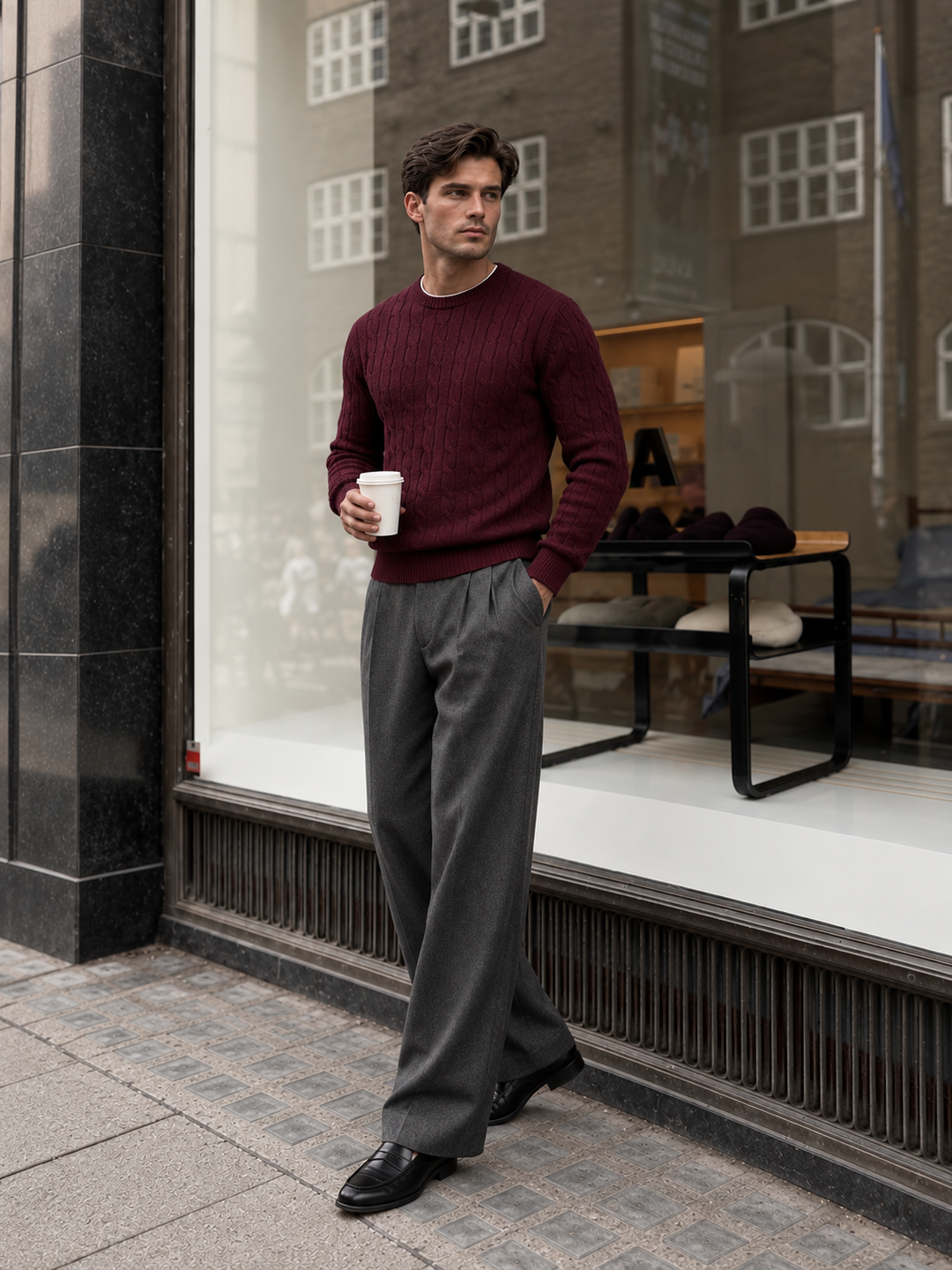 Maglione da uomo in maglia a trecce con girocollo e bordi a coste