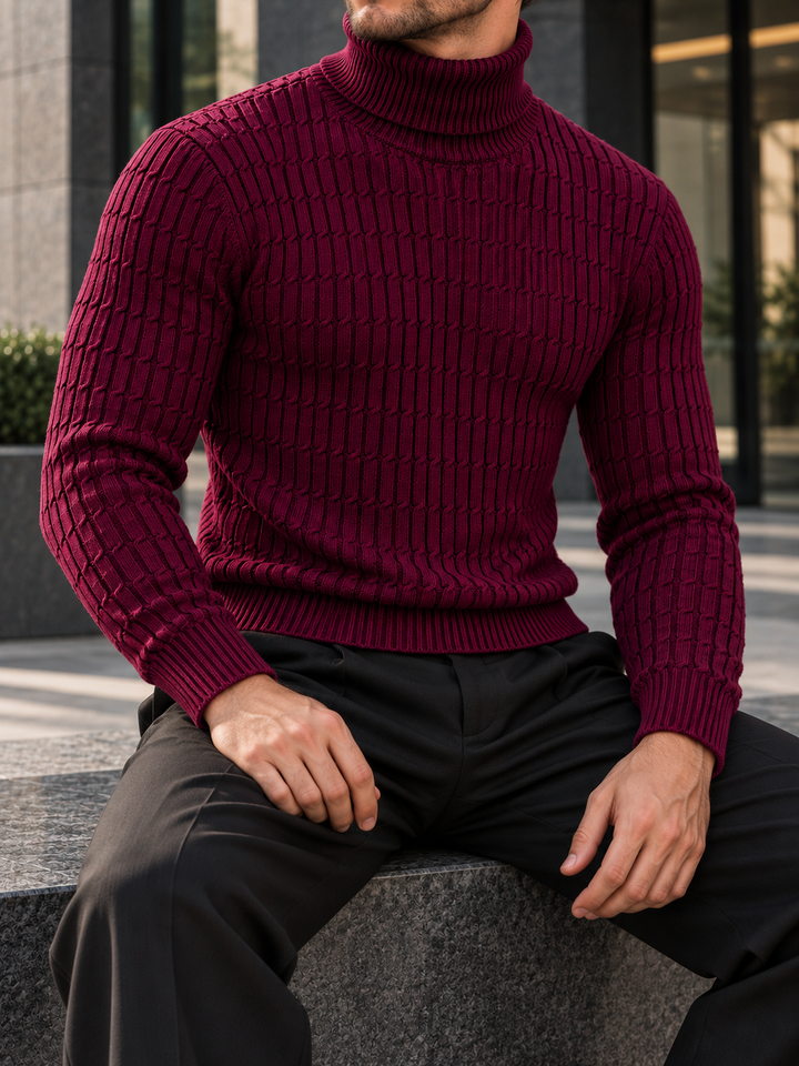 Pull Col Roulé Homme Côtes Verticales En Maille