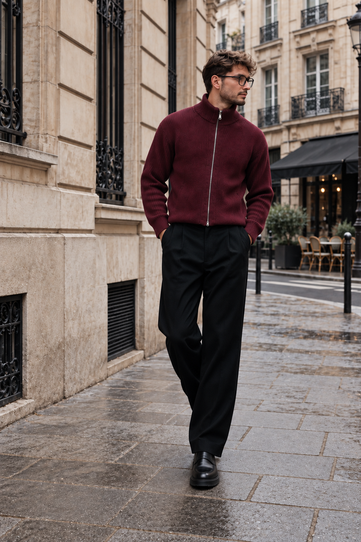 Maglione da uomo in maglia fine con zip integrale, collo rialzato e bordi a coste