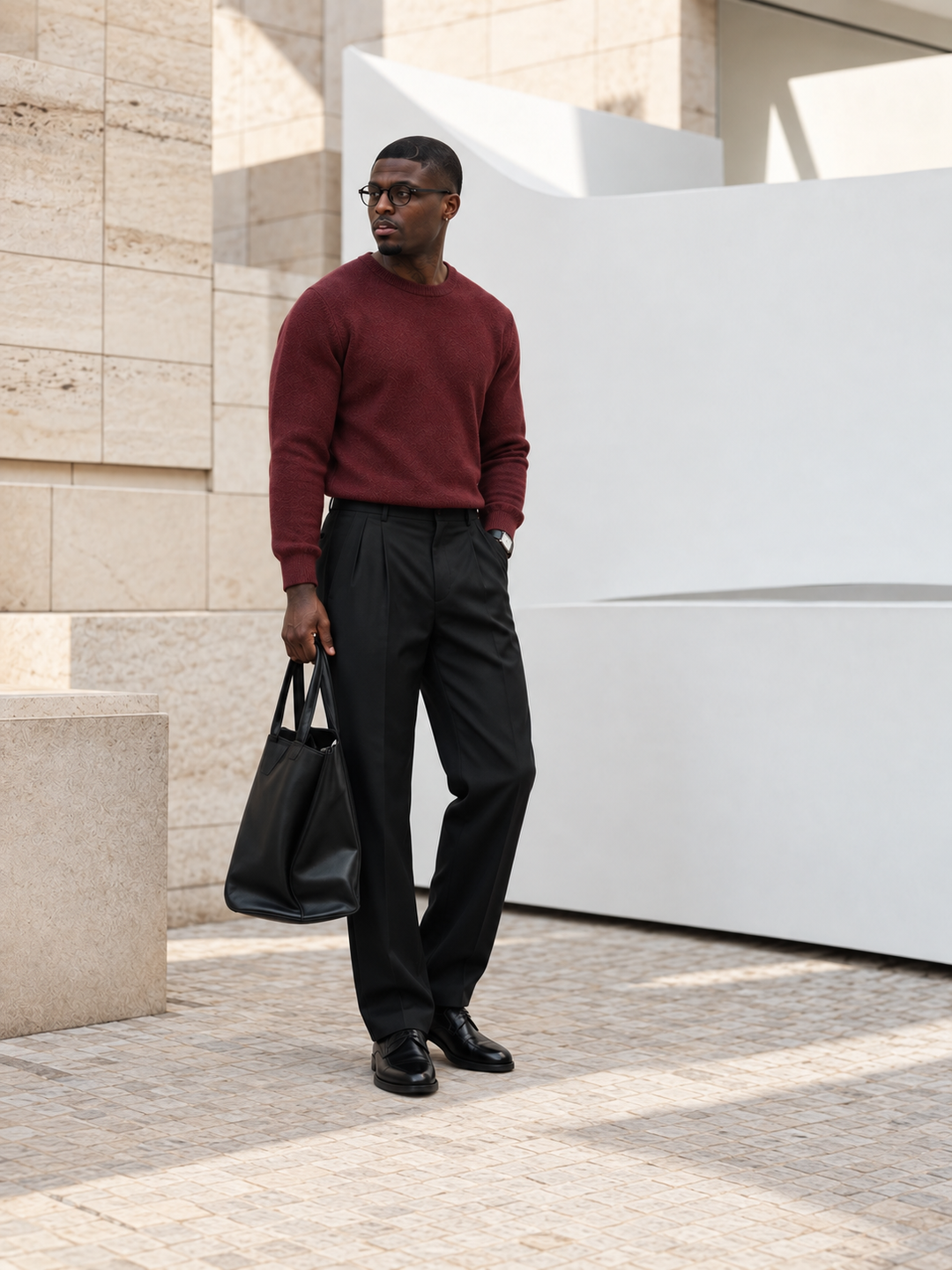 Pullover da uomo in maglia tinta unita con scollo rotondo e bordi a coste