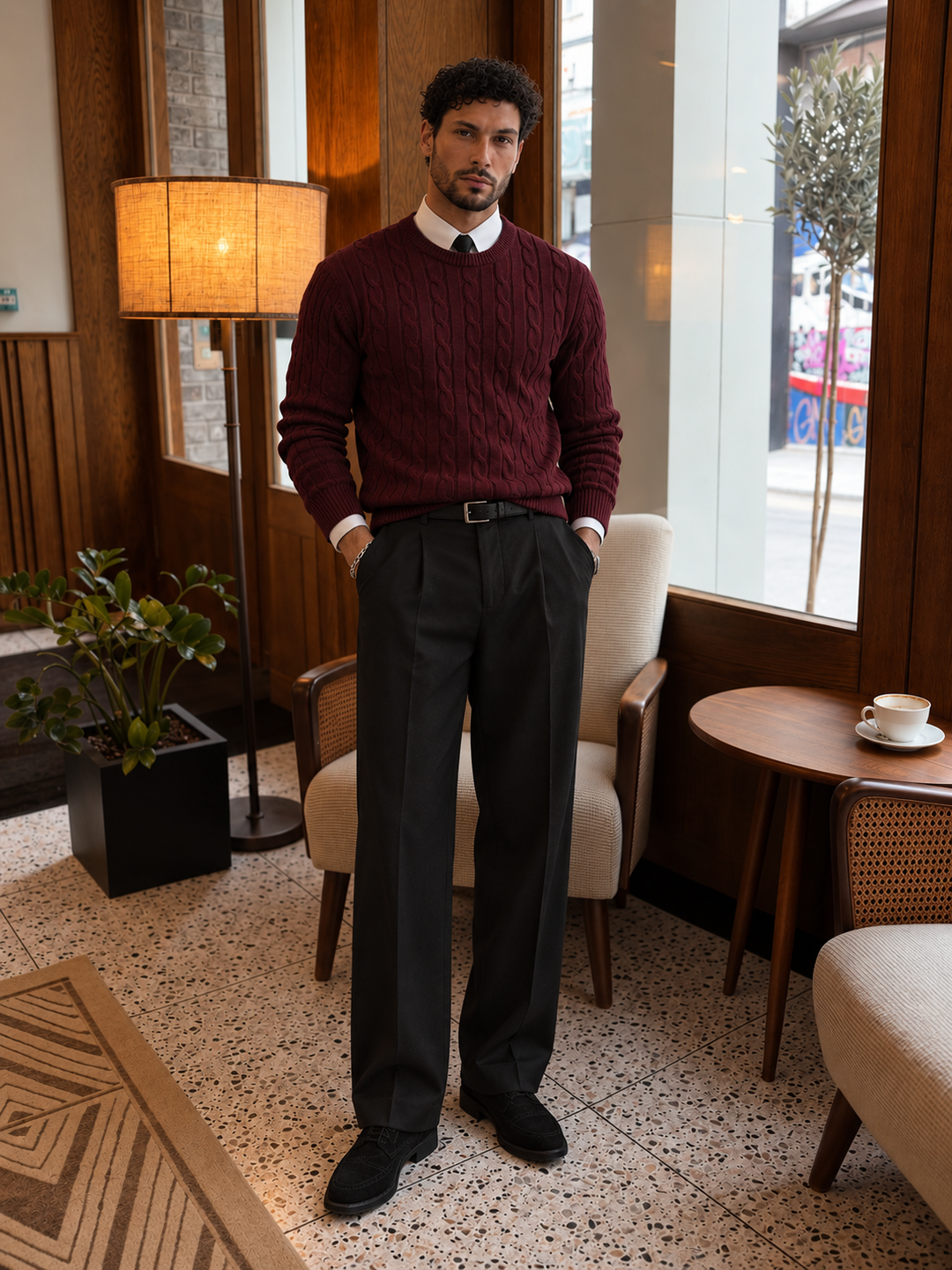 Maglione da uomo in maglia a trecce con girocollo e bordi a coste
