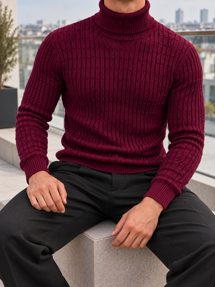 Pull Col Roulé Homme Côtes Verticales En Maille