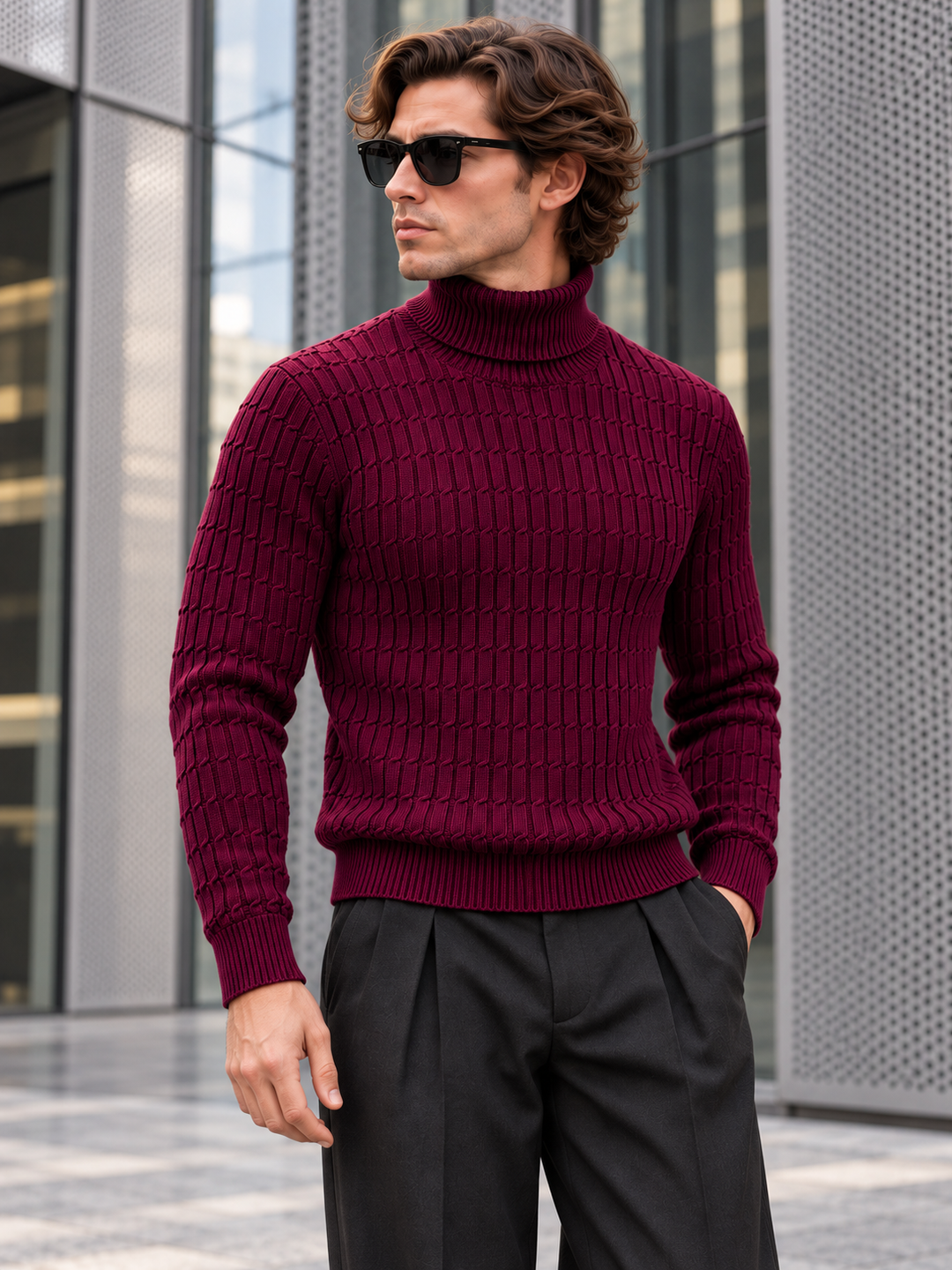 Pull Col Roulé Homme Côtes Verticales En Maille
