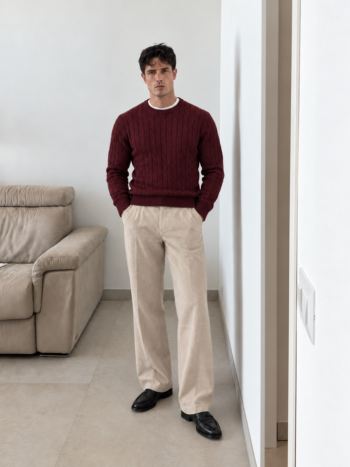 Maglione da uomo in maglia a trecce con girocollo e bordi a coste