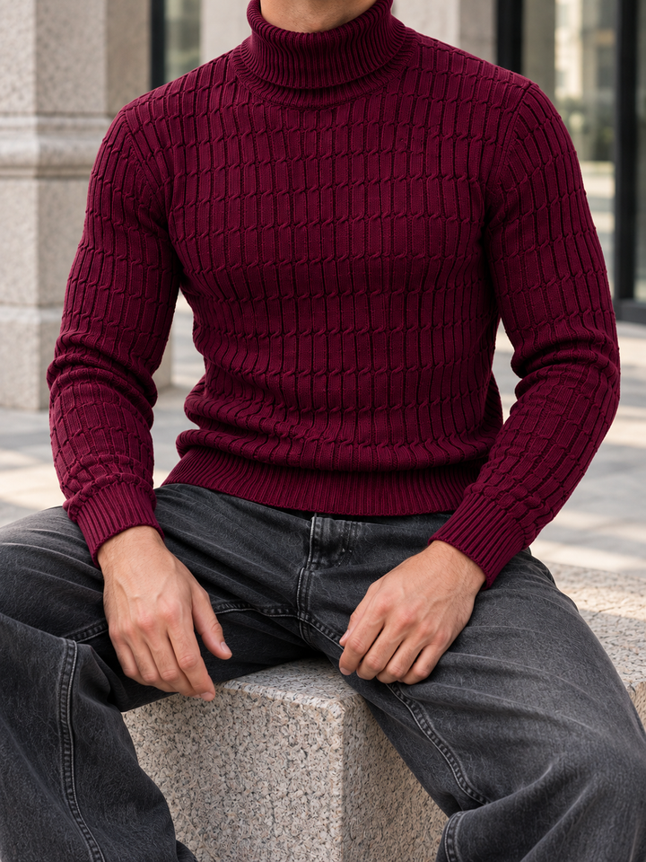 Pull Col Roulé Homme Côtes Verticales En Maille