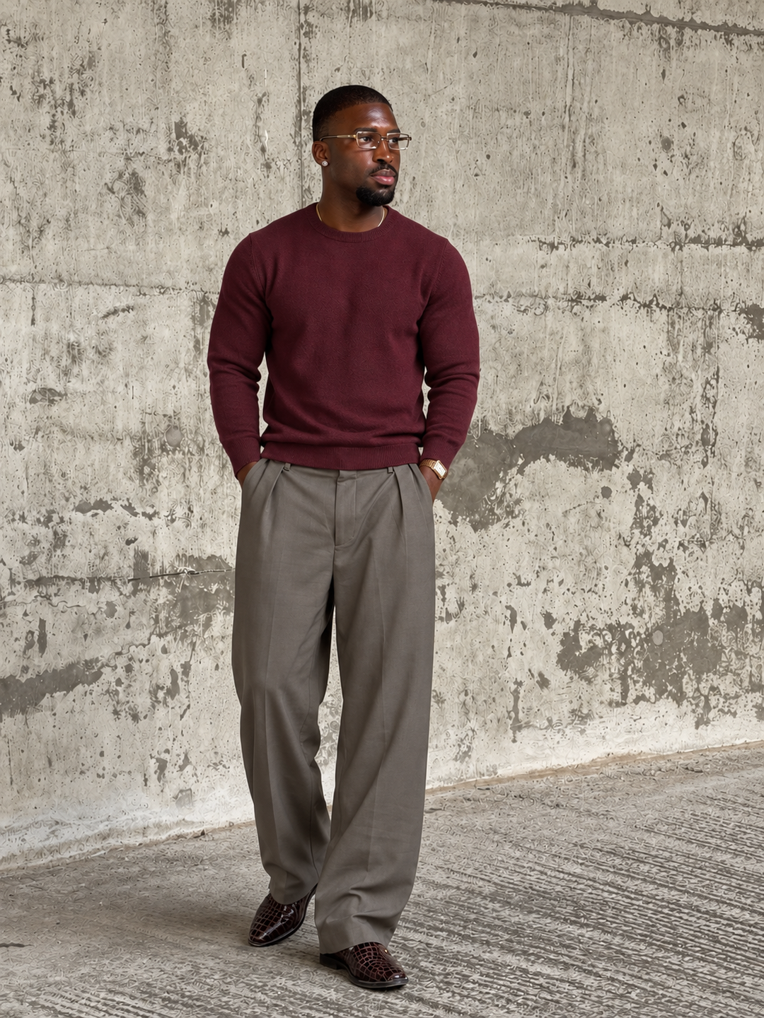 Pullover da uomo in maglia tinta unita con scollo rotondo e bordi a coste