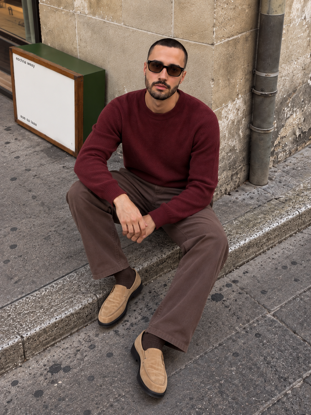 Pullover da uomo in maglia tinta unita con scollo rotondo e bordi a coste