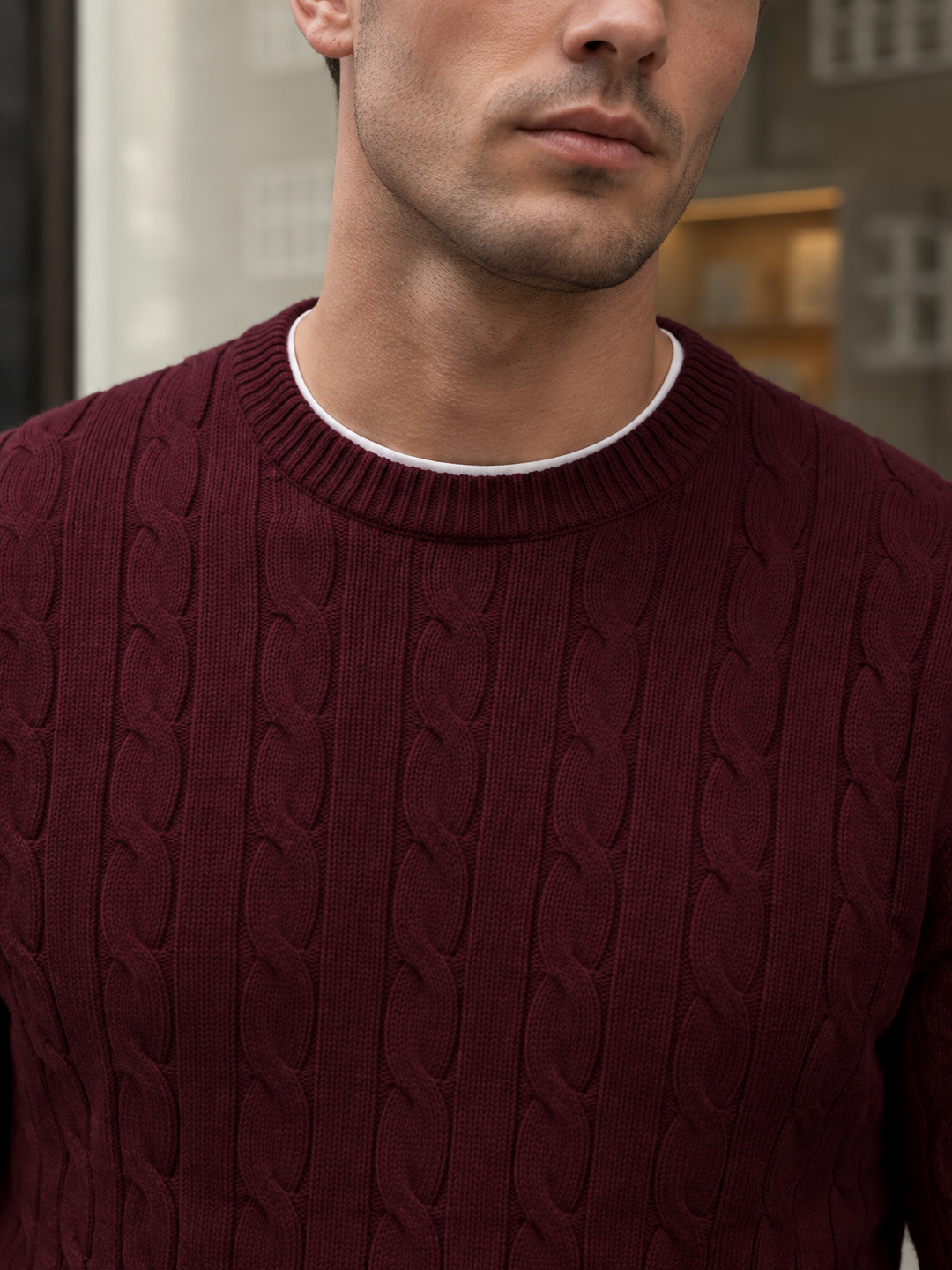 Maglione da uomo in maglia a trecce con girocollo e bordi a coste