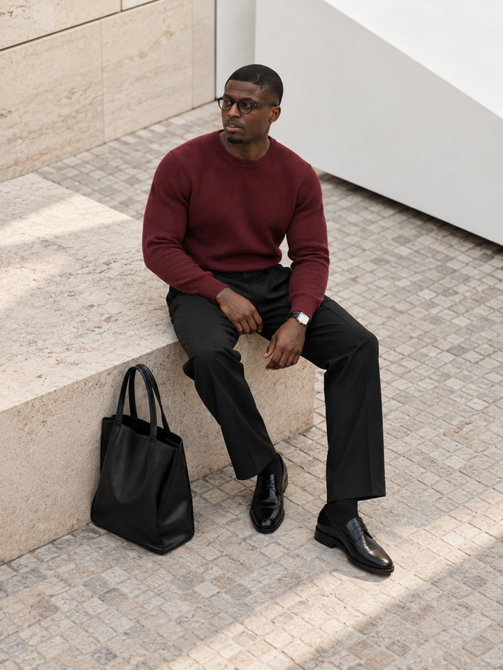 Pullover da uomo in maglia tinta unita con scollo rotondo e bordi a coste