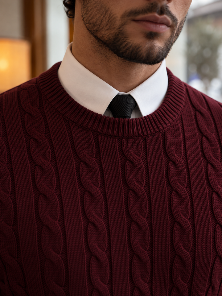 Maglione da uomo in maglia a trecce con girocollo e bordi a coste