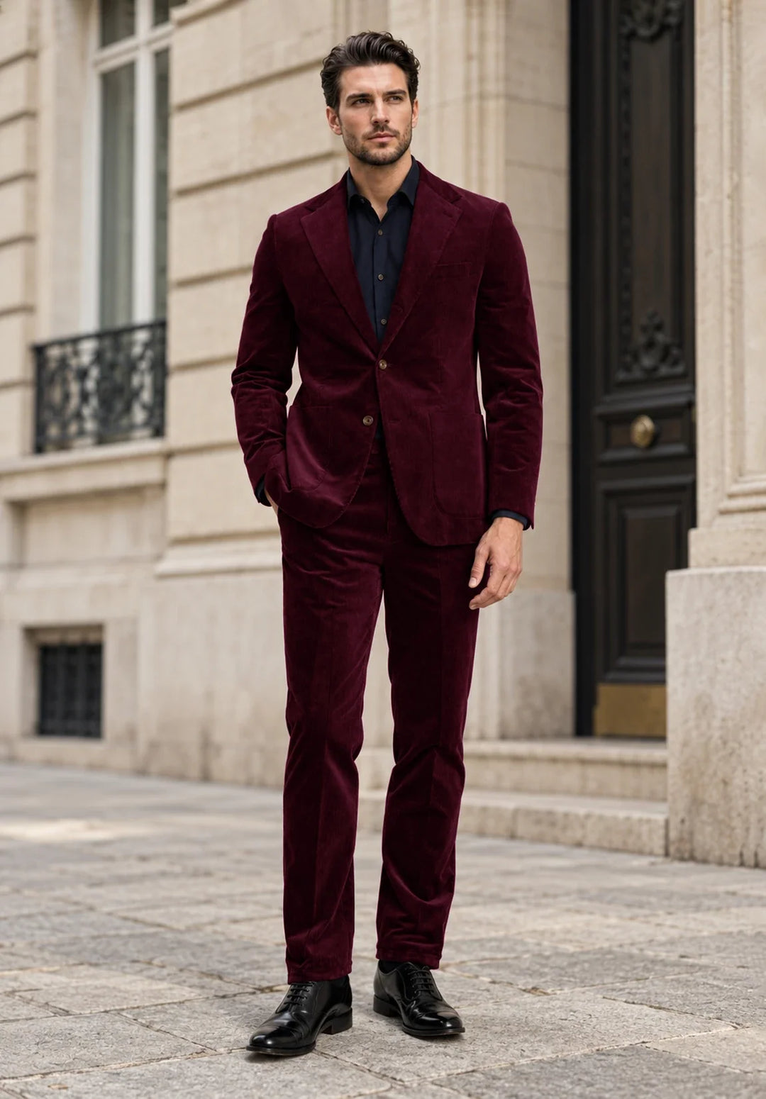 Abito da uomo a due pezzi slim fit in velluto a coste con revers a lancia e taschino sul petto