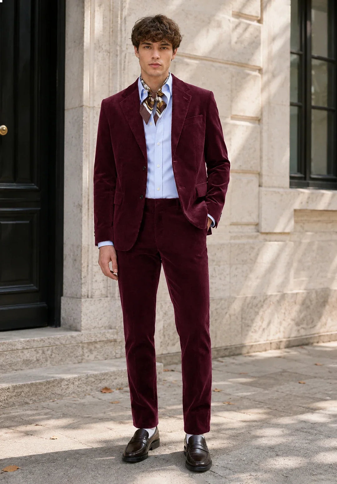 Slim fit-jakkesæt i to dele til mænd i fløjl med hakket revers og påsatte lommer