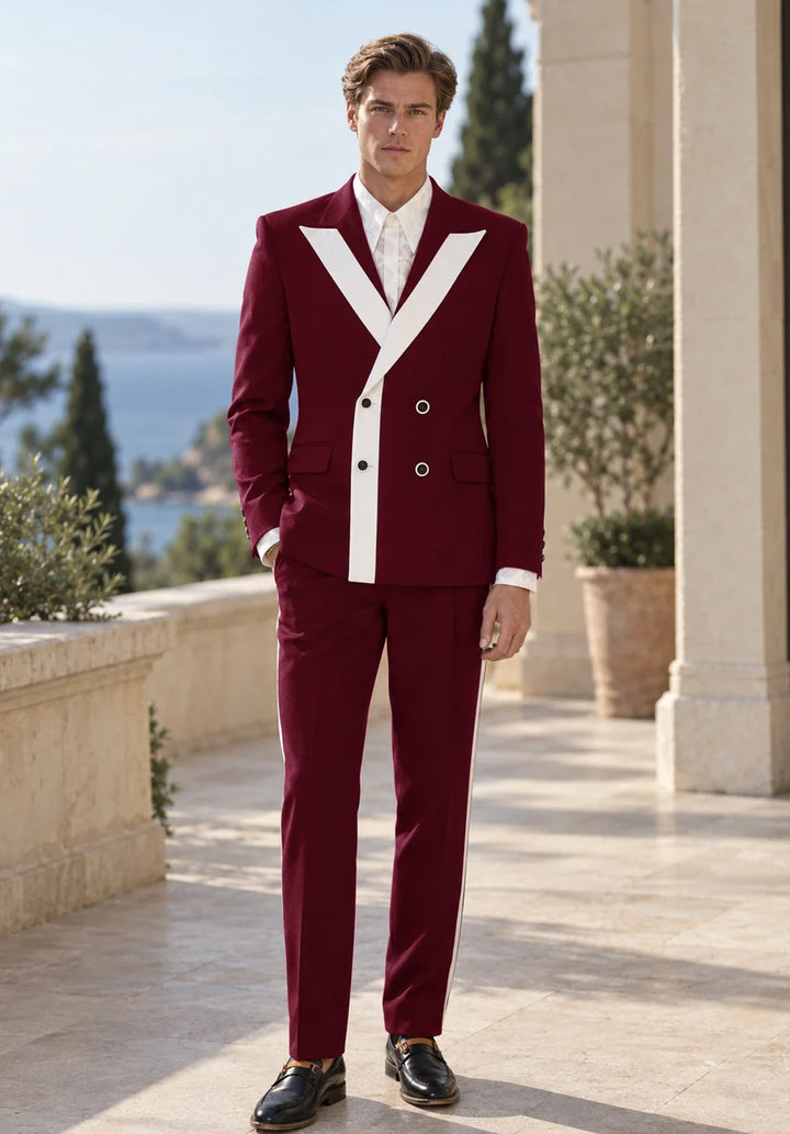 Costume Deux Pièces Homme Coupe Slim avec Panneau Contrastant en V et Deux Boutons