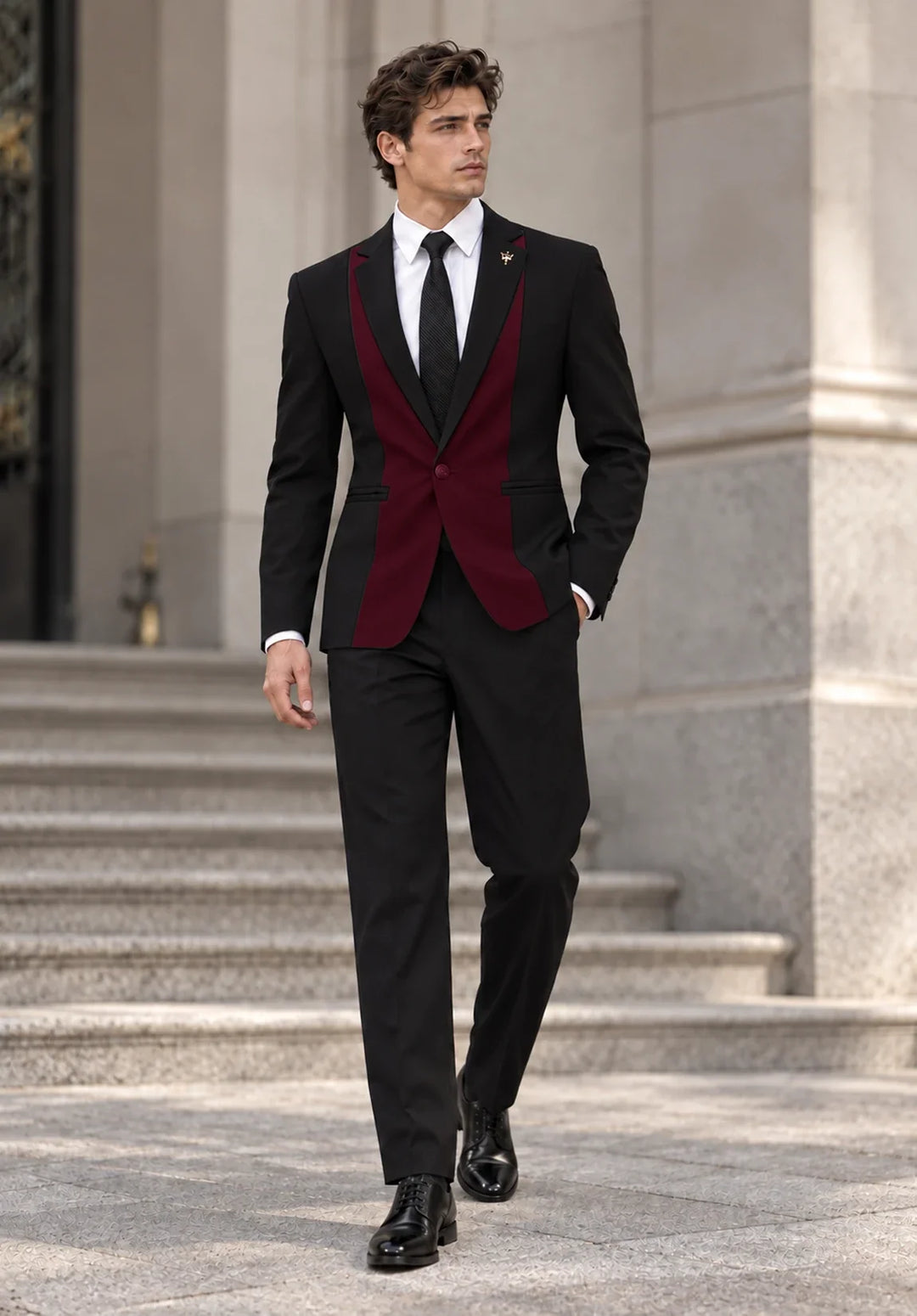 Costume Deux Pièces Homme Coupe Slim avec Design à Panneaux Contrastants et Col Peak
