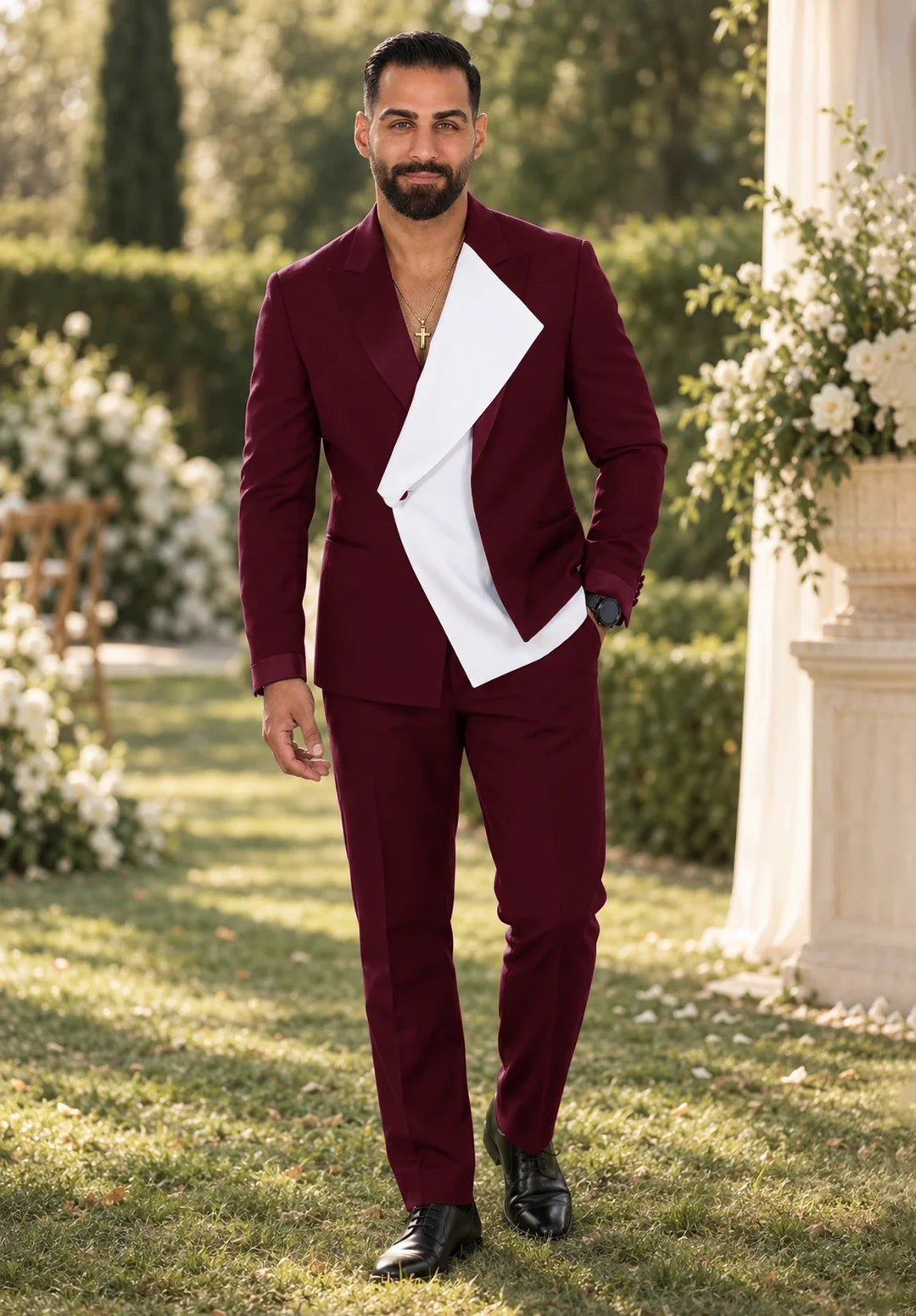 Costume Deux Pièces Homme Coupe Regular avec Panneau Blanc Asymétrique et Col Châle