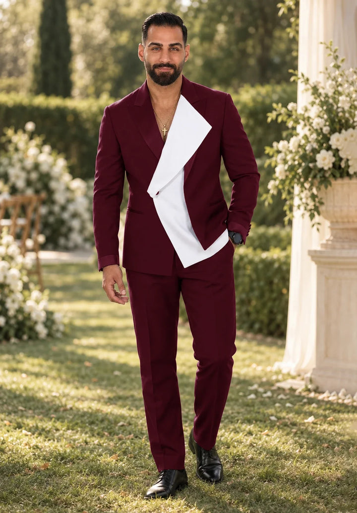Costume Deux Pièces Homme Coupe Regular avec Panneau Blanc Asymétrique et Col Châle