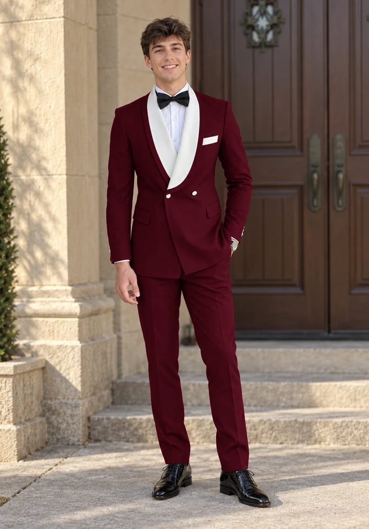 Completo da uomo a due pezzi dal taglio slim con rever a scialle a contrasto e due bottoni
