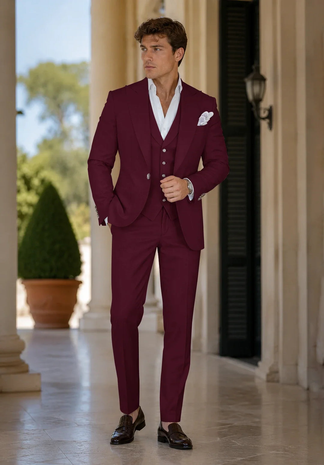 Costume Trois Pièces Homme Coupe Slim avec Col Peak et Gilet Six Boutons