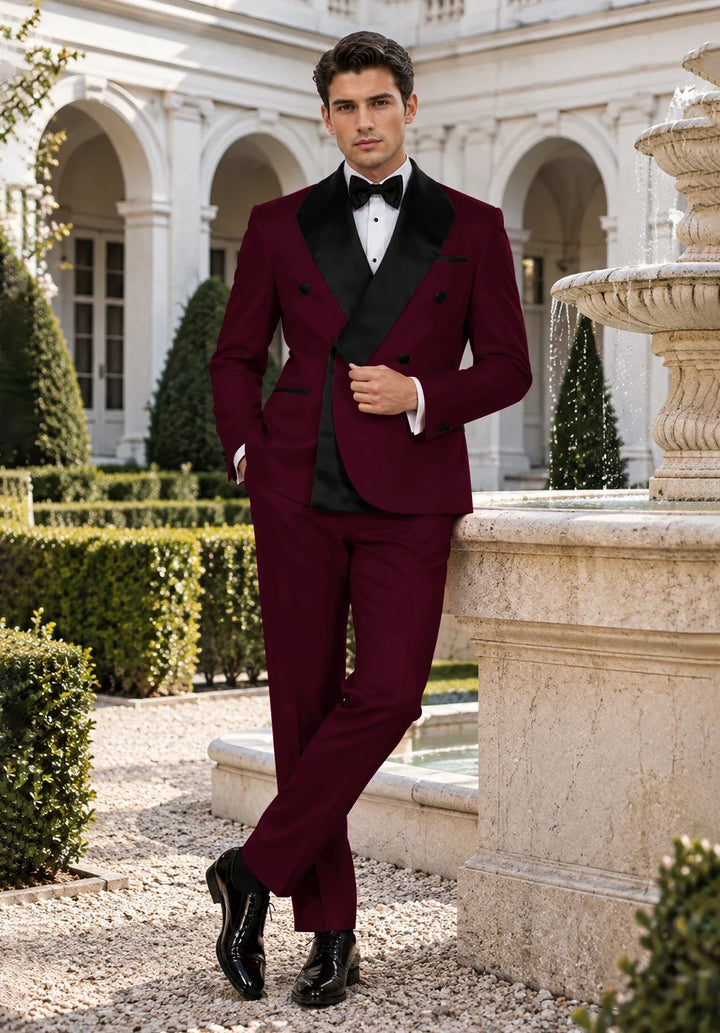 Men's Slim-Fit Double-Breasted Two-Piece Tuxedo Suit with Contrasting Lapel