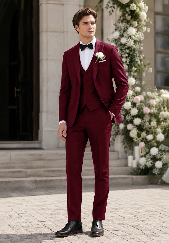Costume Trois Pièces Homme Coupe Slim avec Col Notch et Gilet Assorti Élégant