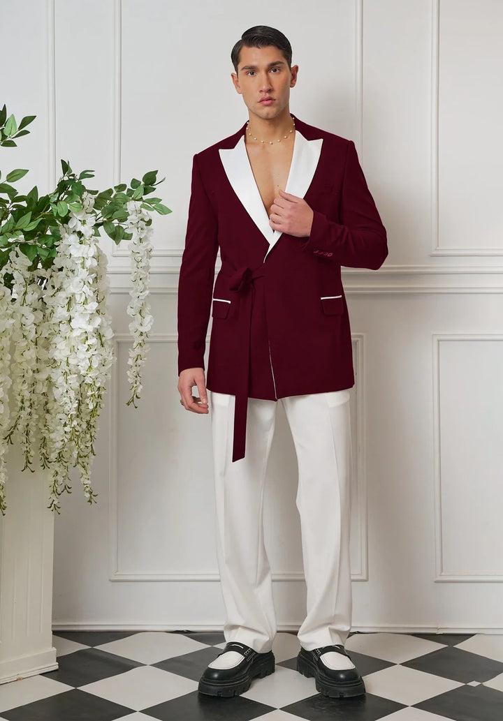 Completo da uomo regular fit a due pezzi con rever a scialle a contrasto e cintura