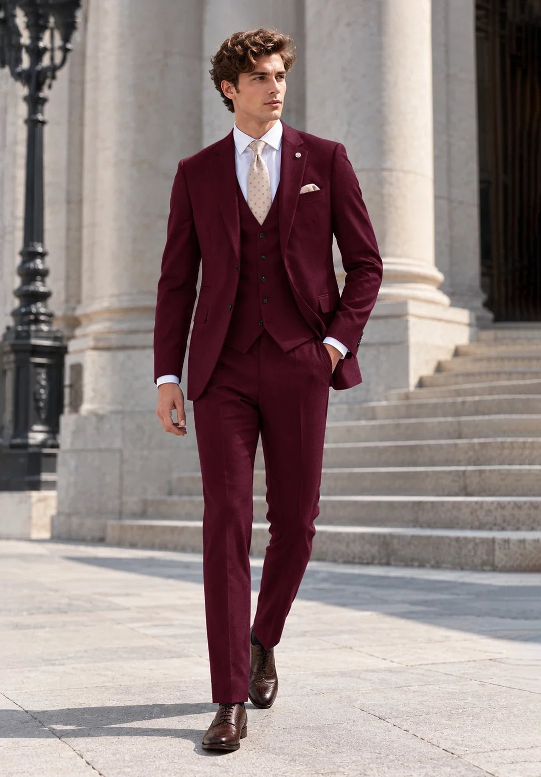 Costume Trois Pièces Homme Coupe Moderne avec Col Notch et Gilet Cinq Boutons