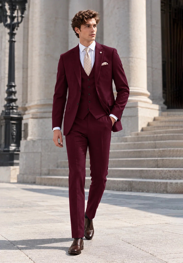 Costume Trois Pièces Homme Coupe Moderne avec Col Notch et Gilet Cinq Boutons