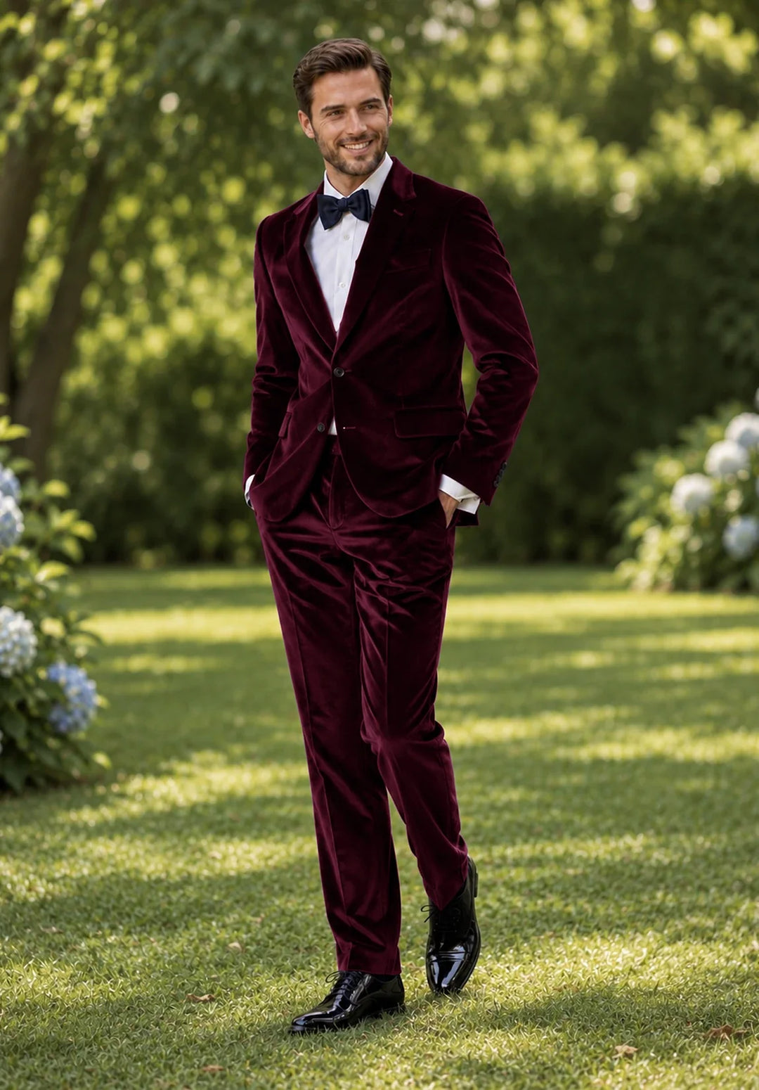 Costume Deux Pièces Homme Coupe Slim en Velours avec Poches à Rabat et Veste Un Bouton