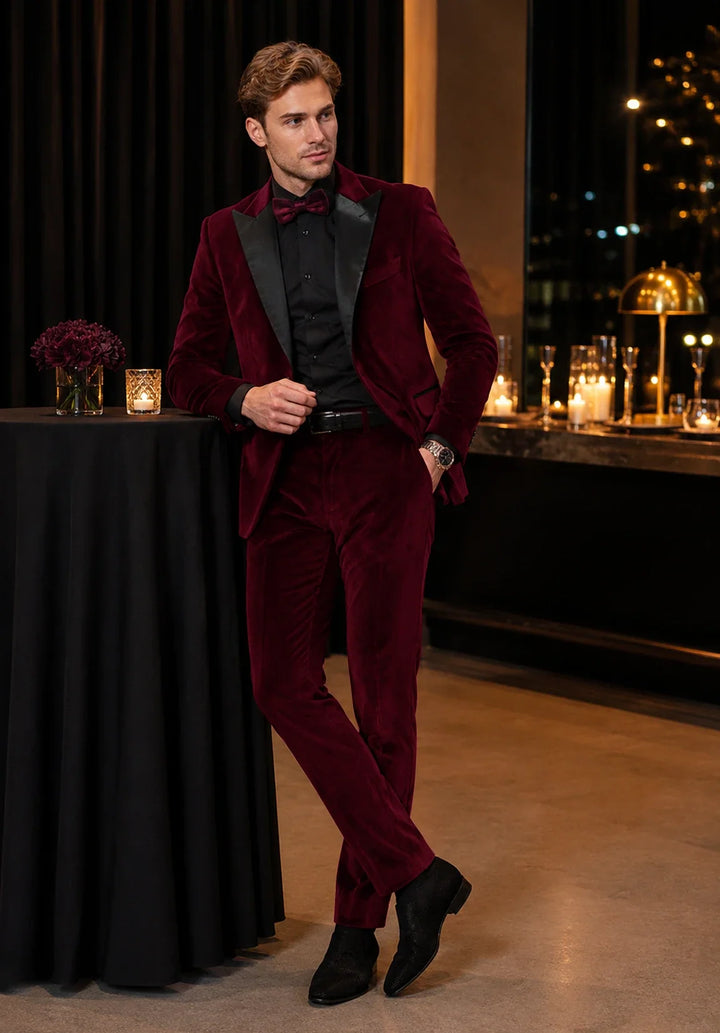 Men’s Slim Fit Two-Piece Velvet Tuxedo with Satin Peak Lapel