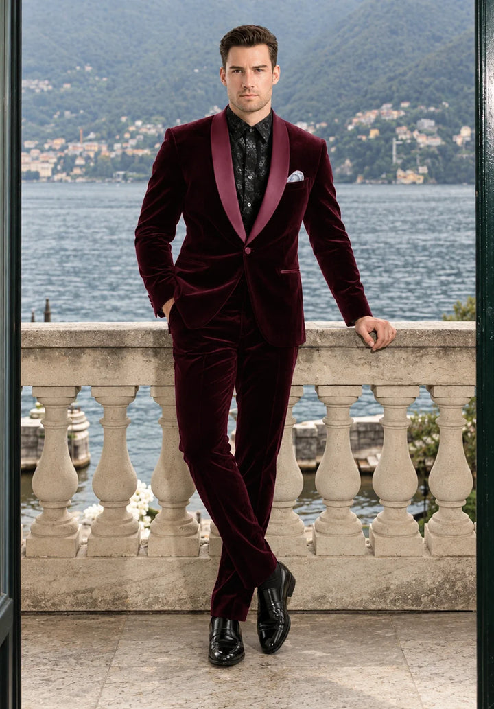 Costume Deux Pièces Homme Coupe Slim en Velours avec Col Châle en Satin et Un Bouton
