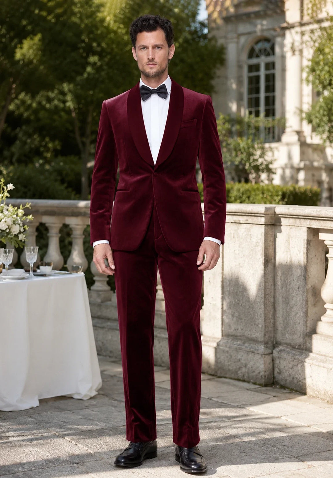 Slim fit-smoking i to dele til mænd i velour med spids revers