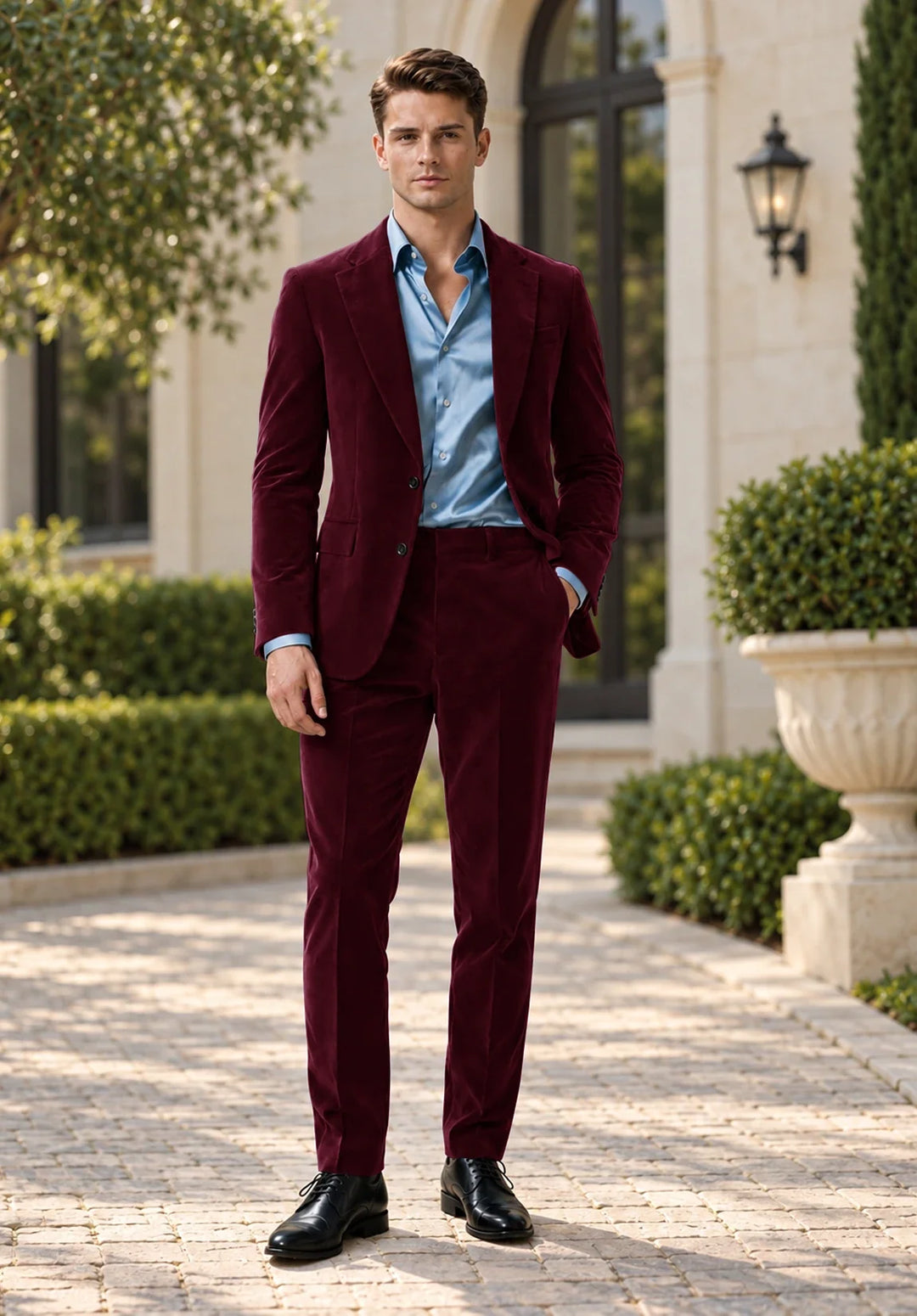Abito da uomo a due pezzi regular fit in velluto con revers a dente e giacca a tre bottoni