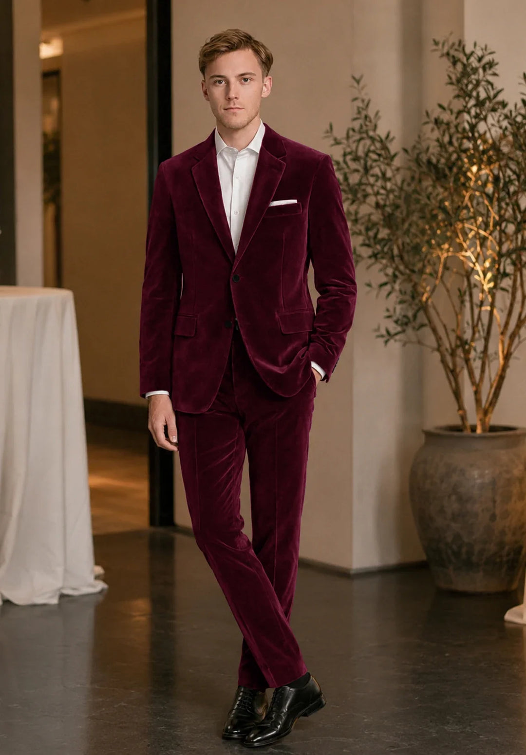 Men's Regular-Fit Two-Piece Velvet Suit with Notch Lapel and Patch Pockets