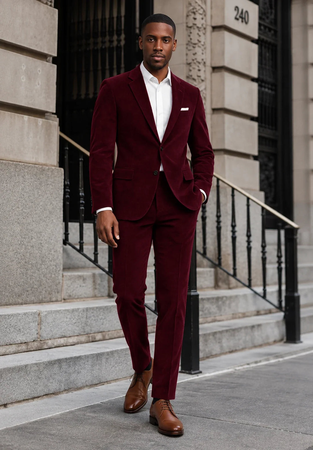 Completo da uomo in velluto slim fit a due pezzi con rever classico e giacca a due bottoni