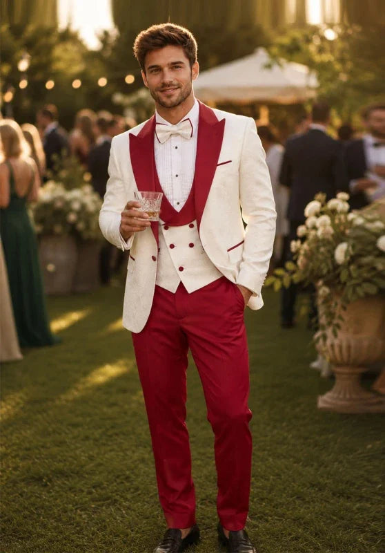 Costume Trois Pièces Homme Coupe Slim avec Col Contrastant et Gilet Croisé