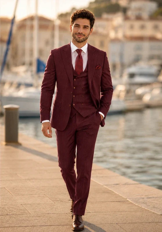 Costume Trois Pièces Homme Coupe Classique avec Col Notch et Gilet Six Boutons