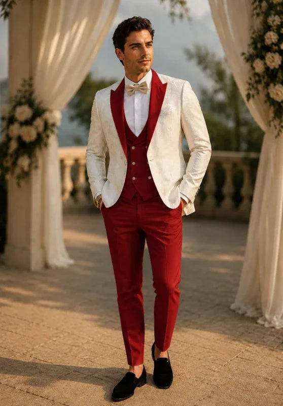 Costume Trois Pièces Homme Coupe Slim en Jacquard avec Col Notch et Gilet Cinq Boutons