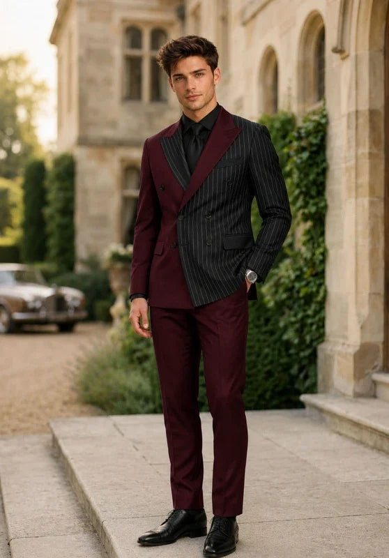 Men’s Two-Piece Striped Suit with Double-Breasted Jacket and Wide Peak Lapels