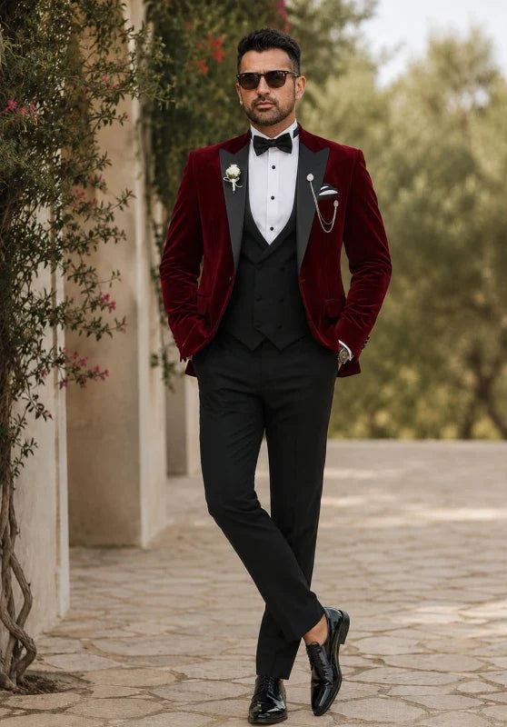 Men's Slim Fit Three-Piece Velvet Suit with Contrasting Lapel and Bow Tie