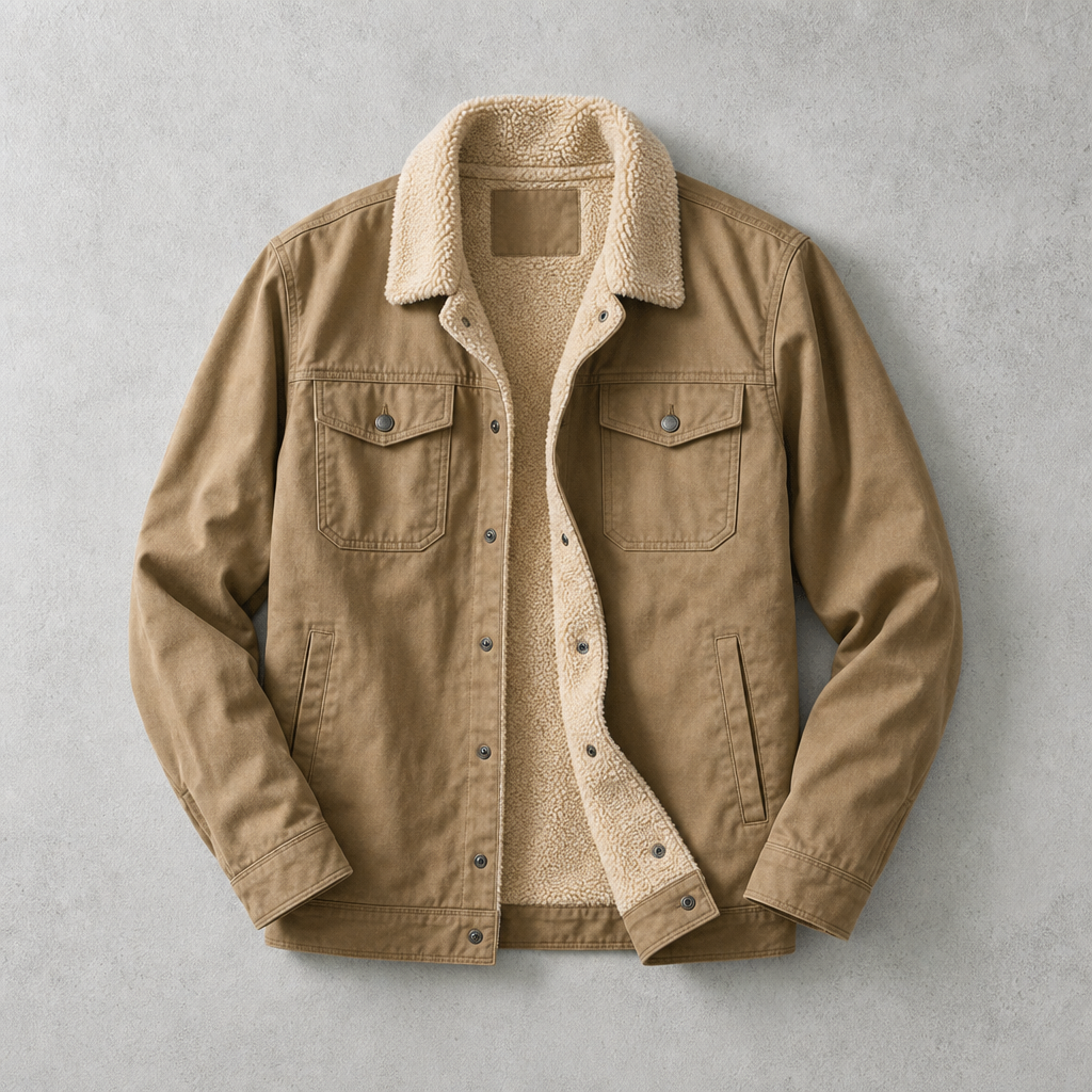 Men's Trucker Jacket Lined with Faux Fur and Chest Pockets