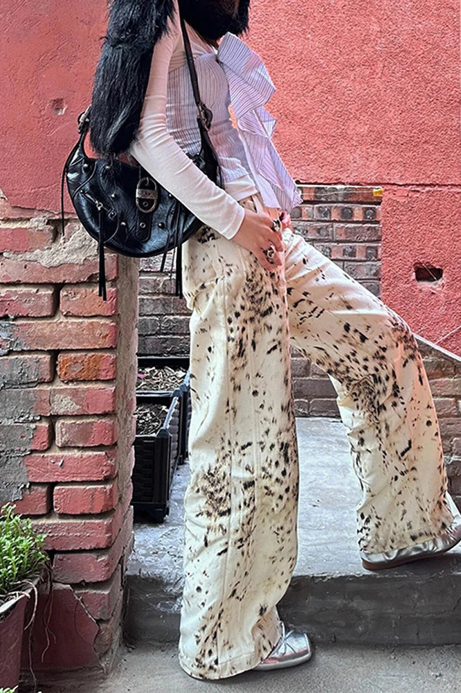 Jeans met luipaardprint, wijde pijpen - hoge taille, los model