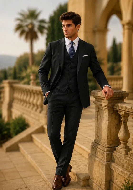 Costume Trois Pièces Homme Coupe Slim Respirant avec Col Notch et Gilet Cinq Boutons