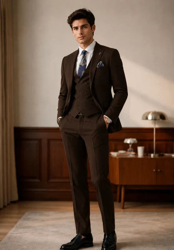 Costume Trois Pièces Homme Coupe Classique avec Gilet Col V et Poches à Rabat