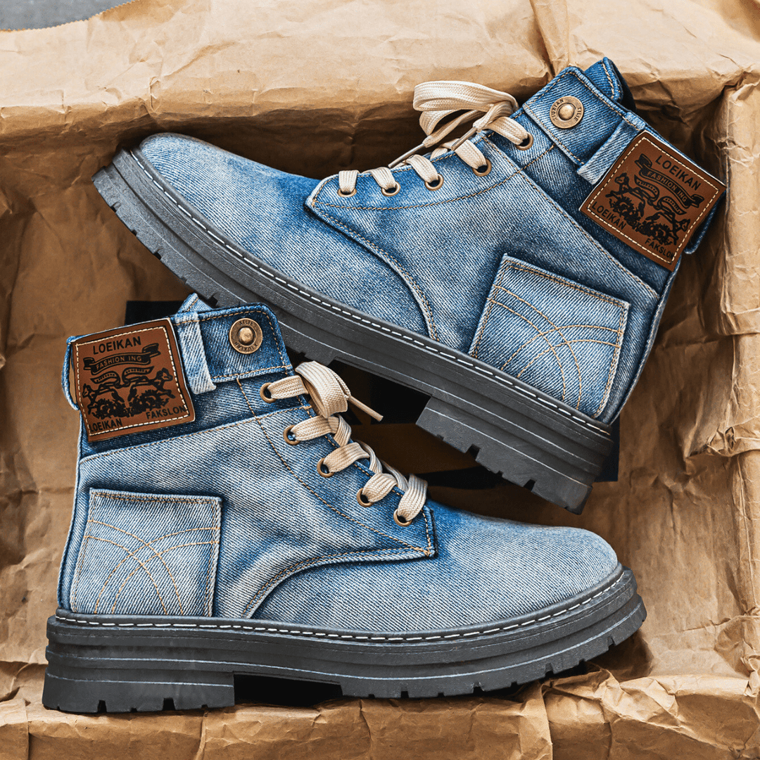 Herrenstiefel aus Denim mit hohem Schaft, Schnürung und Profilsohle