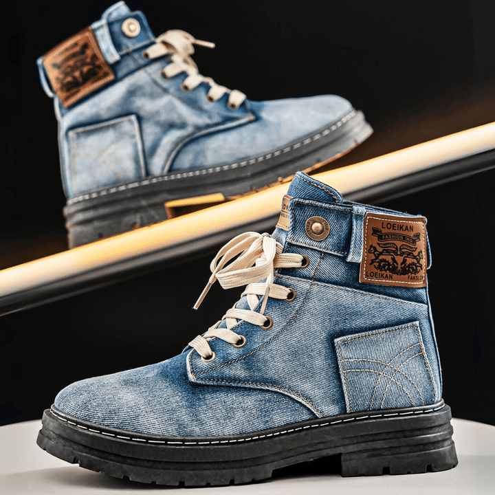 Herrenstiefel aus Denim mit hohem Schaft, Schnürung und Profilsohle