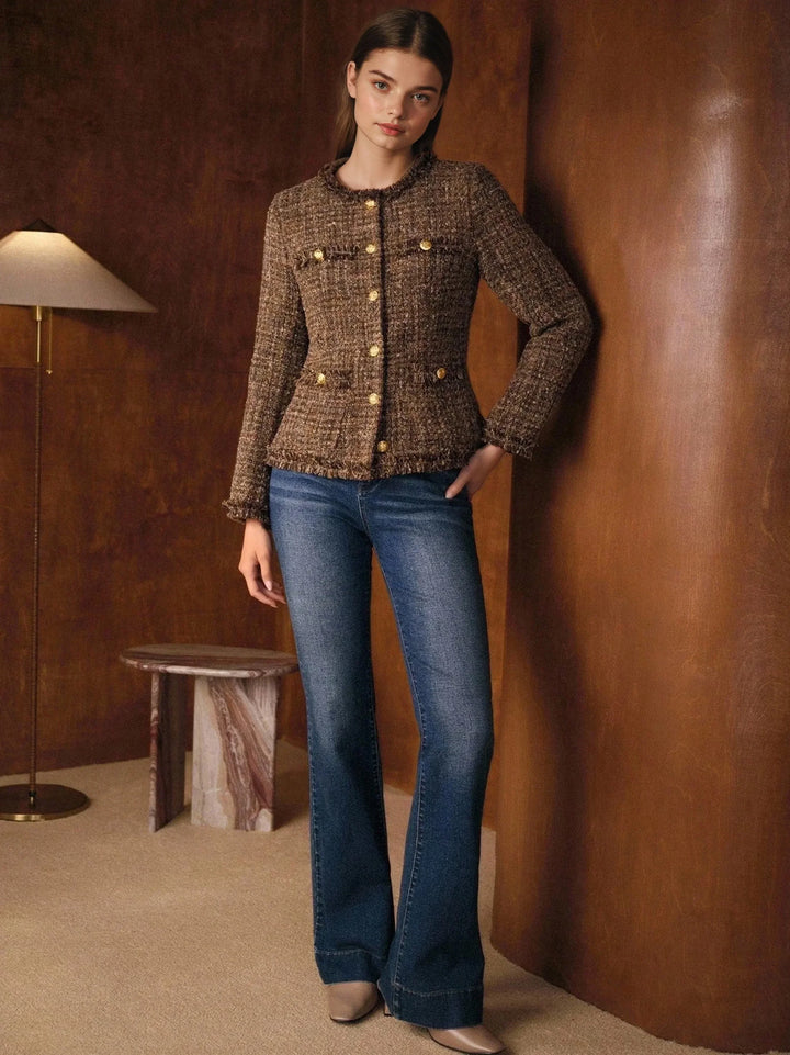 Veste Femme En Tweed Boutons Dorés Sans Col