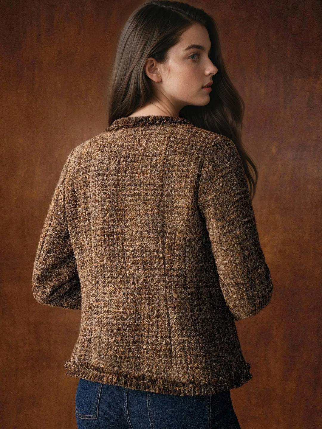 Veste Femme En Tweed Boutons Dorés Sans Col