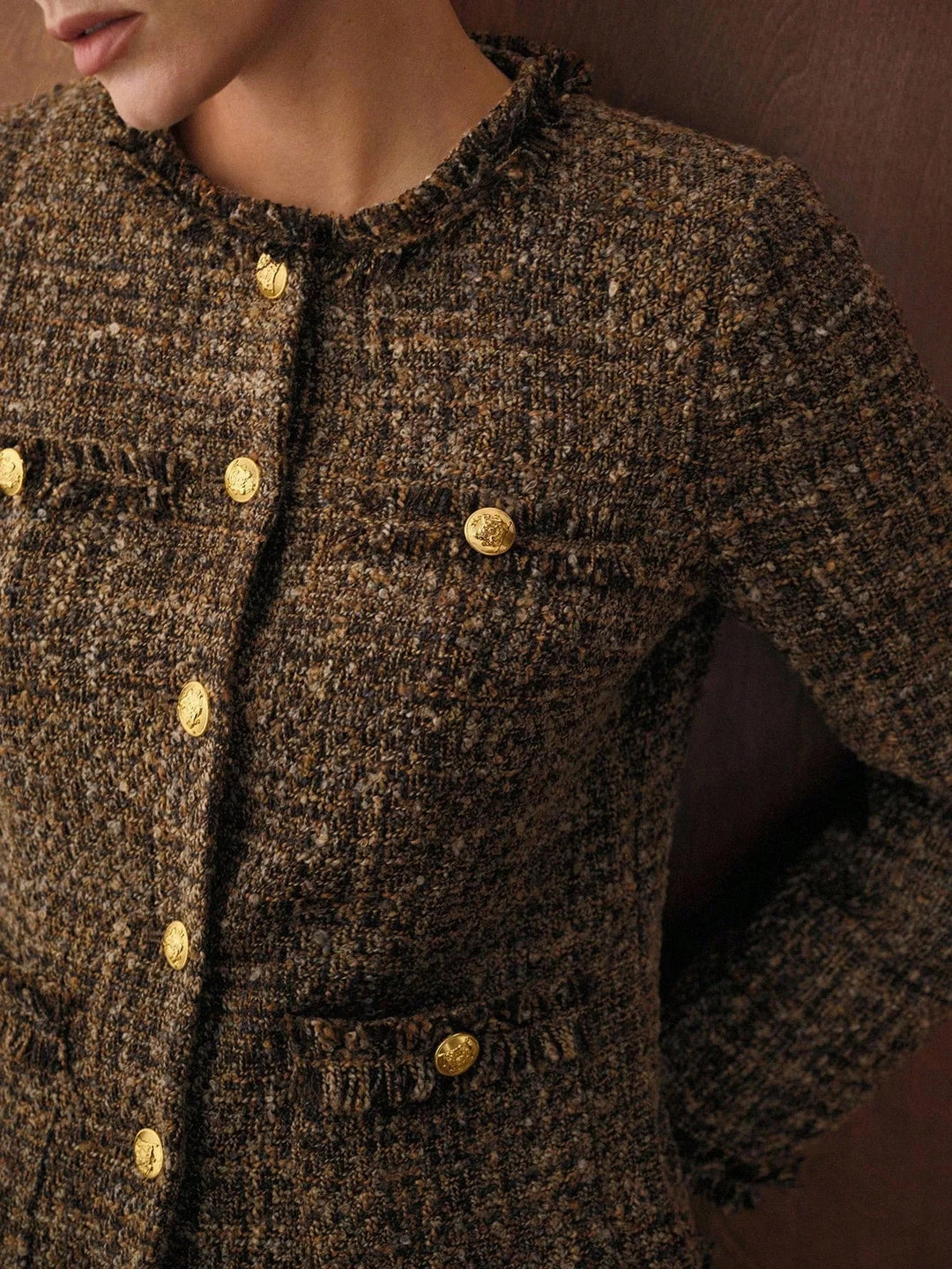 Veste Femme En Tweed Boutons Dorés Sans Col