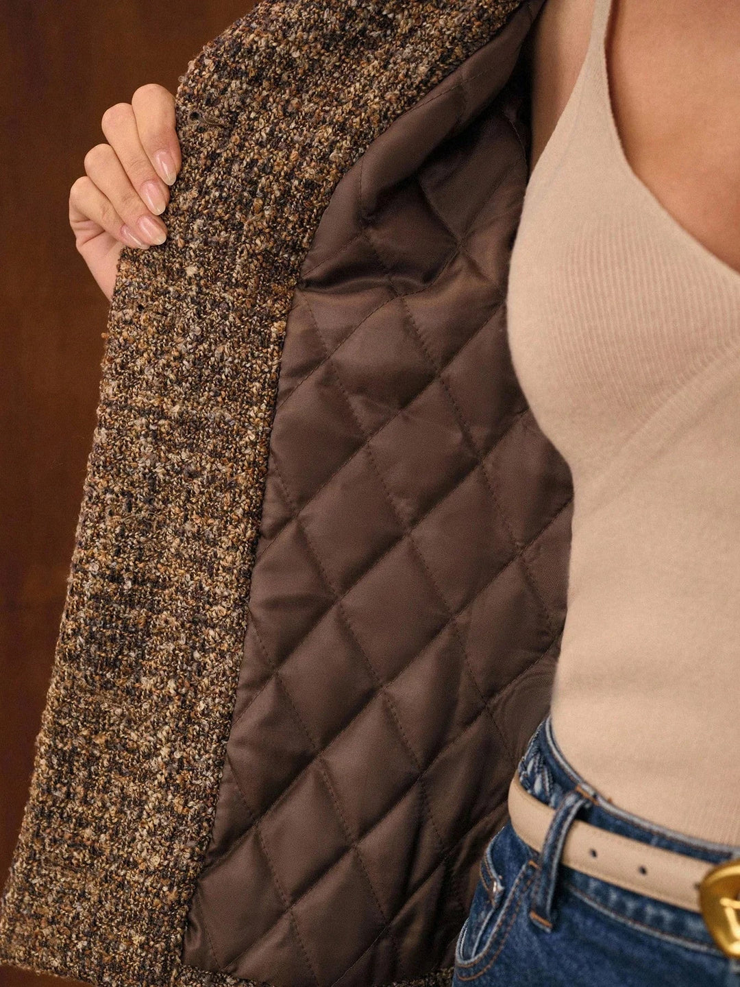 Veste Femme En Tweed Boutons Dorés Sans Col