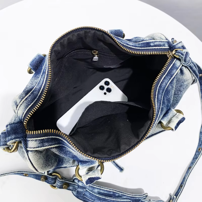 Women's Washed Denim Handbag with Zippered Pockets and Handles
